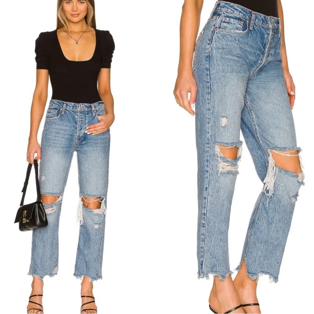 We The Free People Tapered Distressed Baggy Boyfriend Jeans Mid Century Blue 31